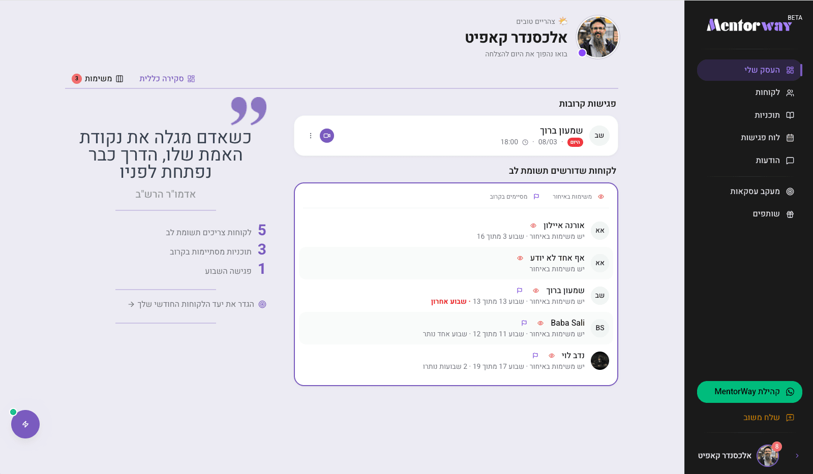 Mentor dashboard showing client overview