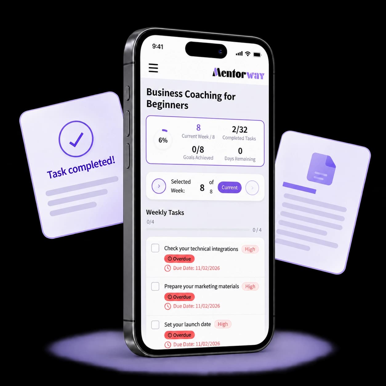 Client portal on a phone, showing coaching progress and weekly tasks
