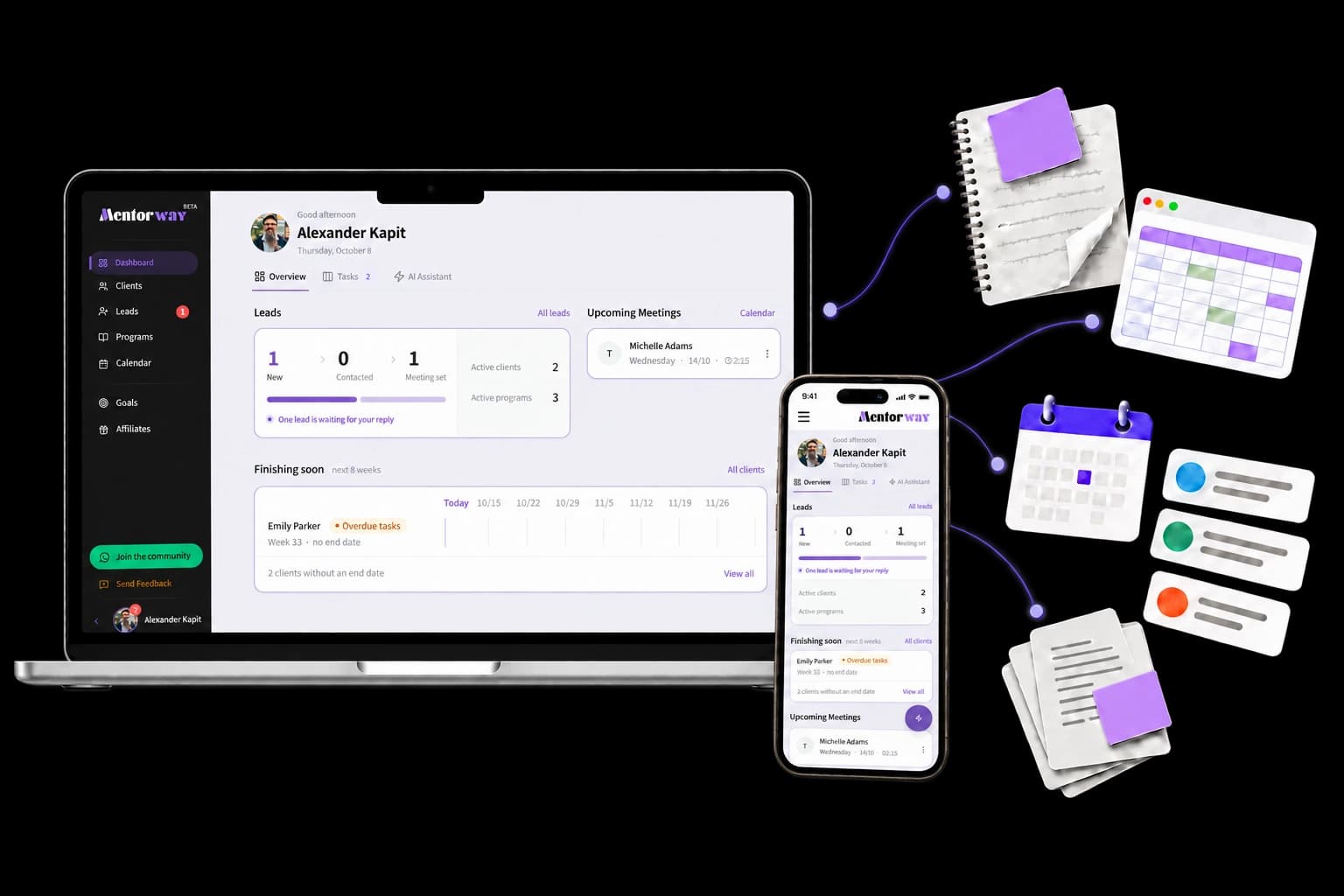 Illustration of notes, a calendar and messages brought together in the MentorWay workspace on desktop and mobile